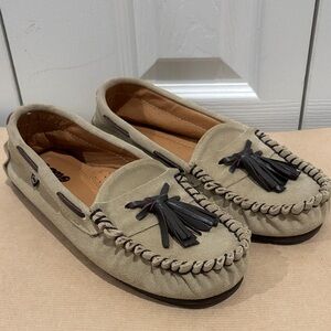 Suede Tassel Moccasin Loafers in Beige